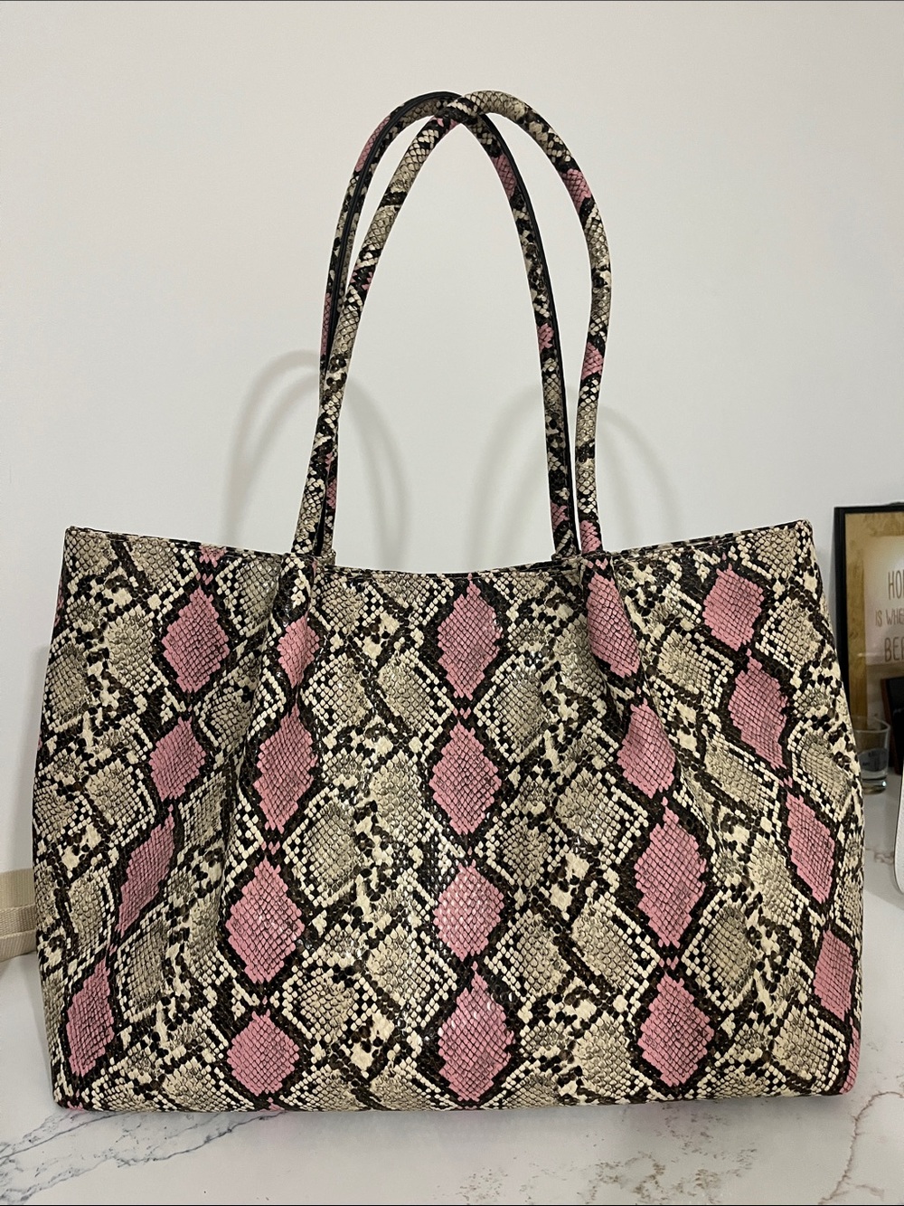 Python-Print Pink & Beige Tote Bag with Top Handles